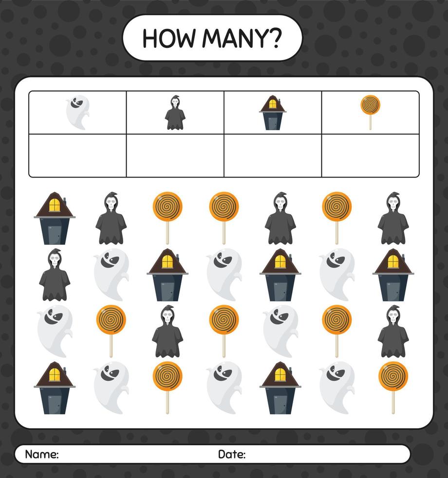How many counting game with halloween icon. worksheet for preschool kids, kids activity sheet vector
