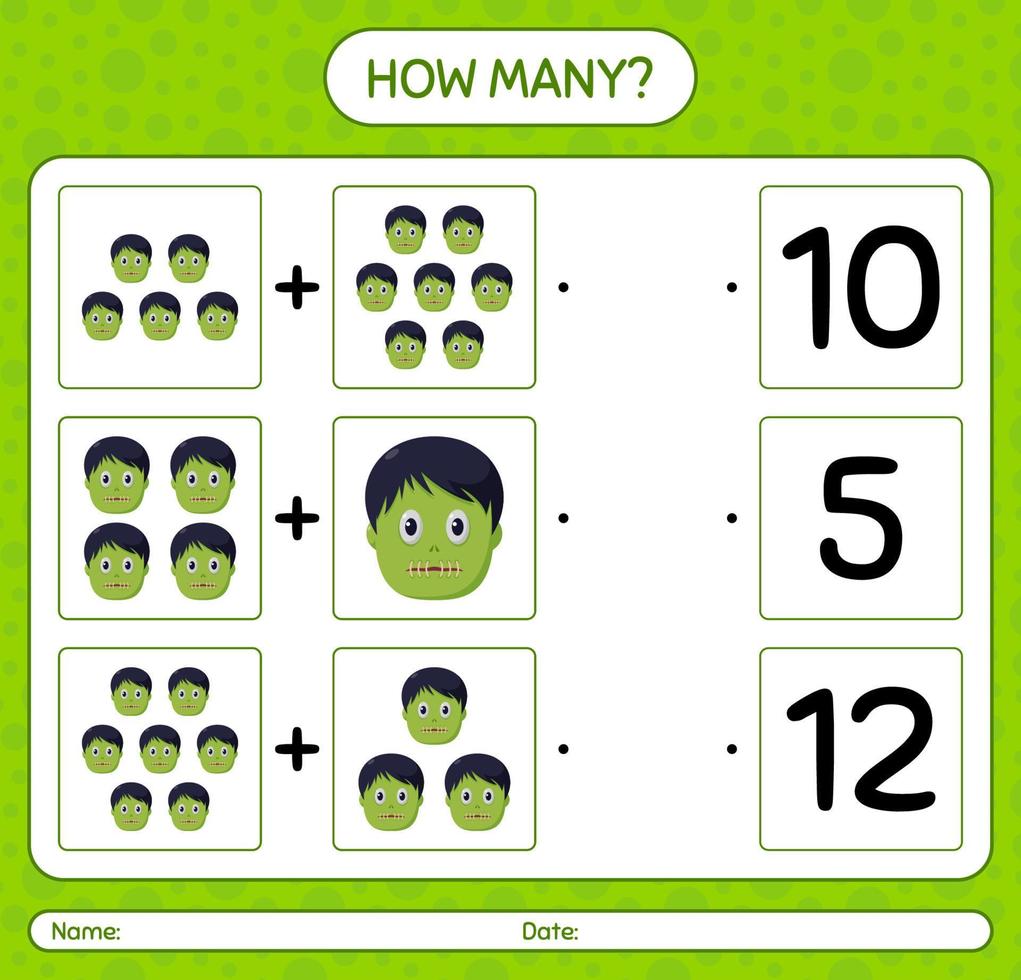 How many counting game with zombie. worksheet for preschool kids, kids activity sheet vector