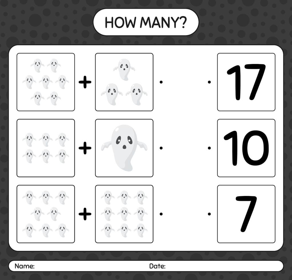 How many counting game with ghost. worksheet for preschool kids, kids activity sheet vector