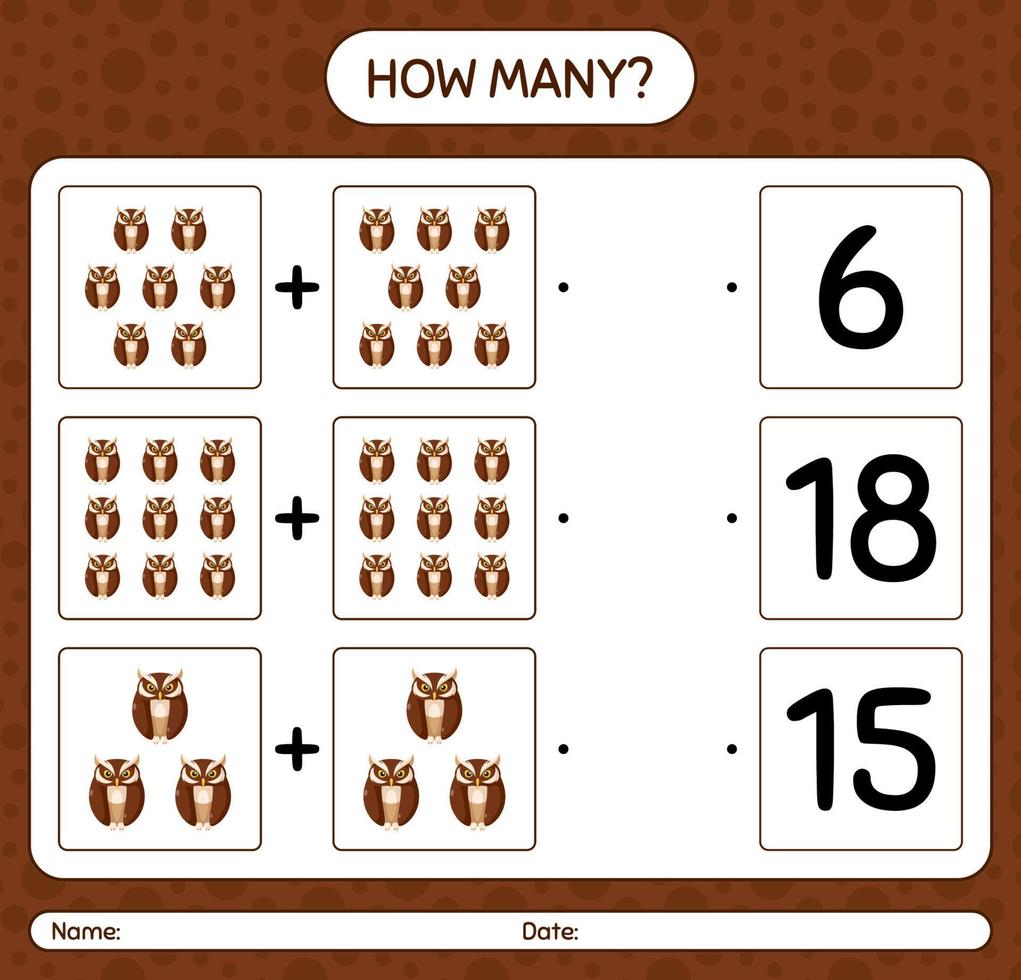 How many counting game with owl. worksheet for preschool kids, kids activity sheet vector