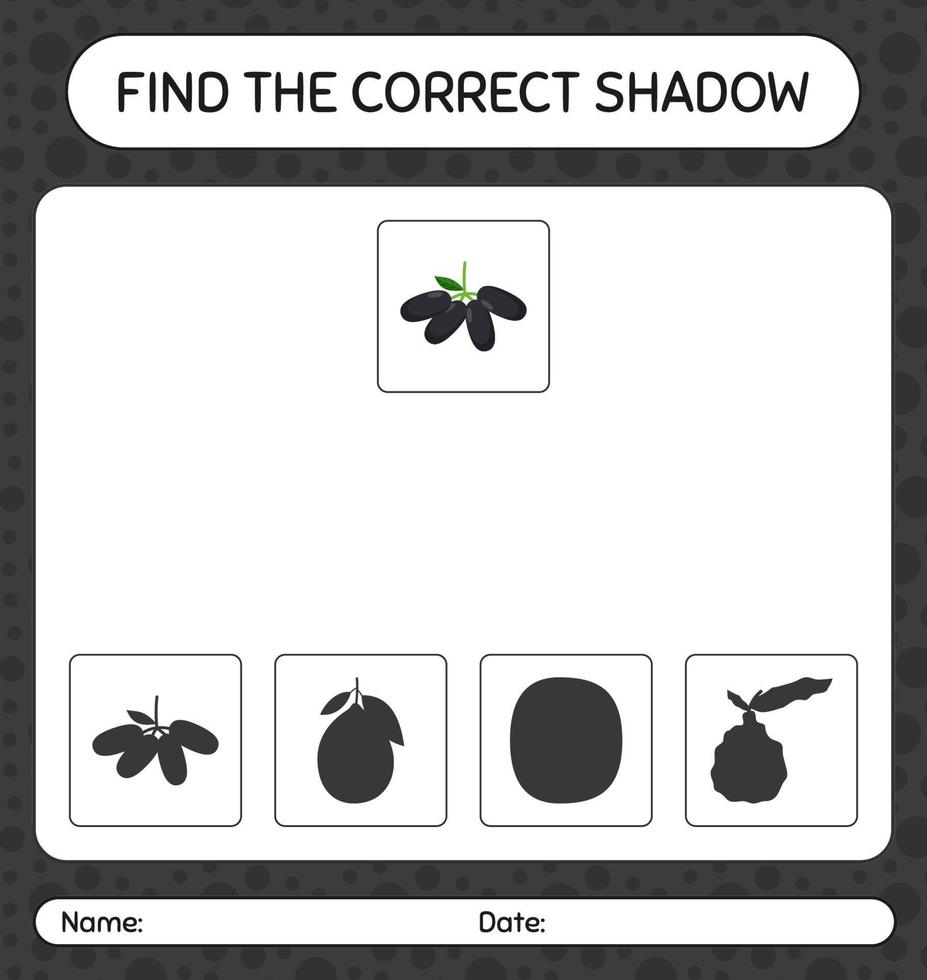 Find the correct shadows game with jambolan. worksheet for preschool kids, kids activity sheet vector