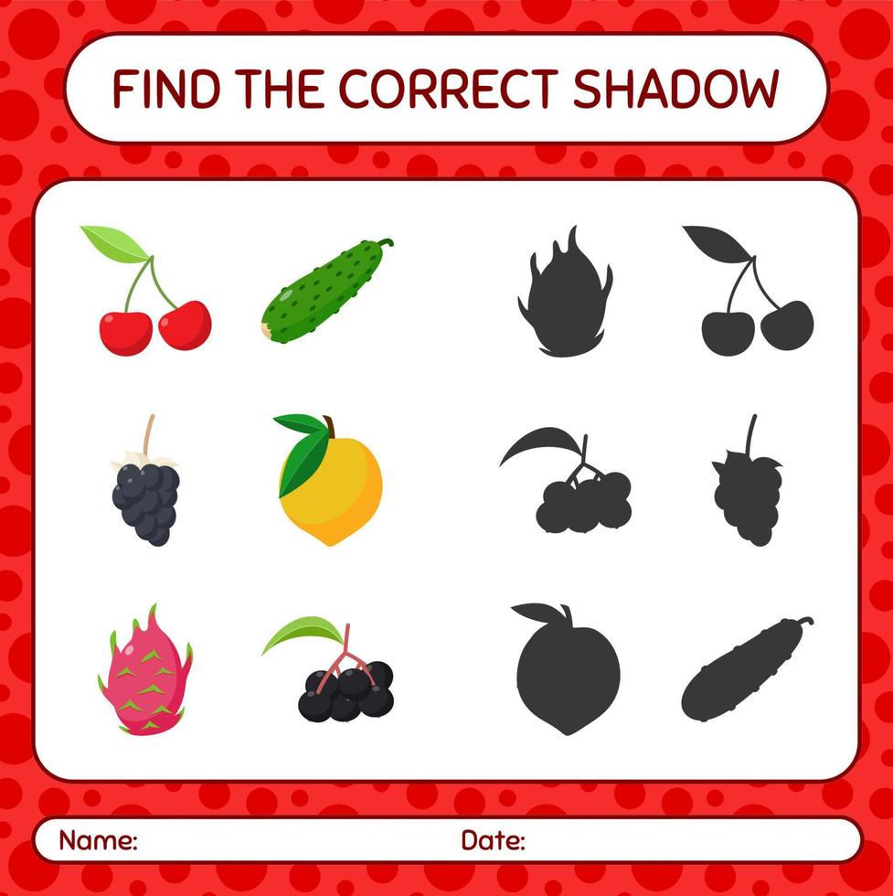 encuentra el juego de sombras correcto con frutas. hoja de trabajo para niños en edad preescolar, hoja de actividades para niños vector