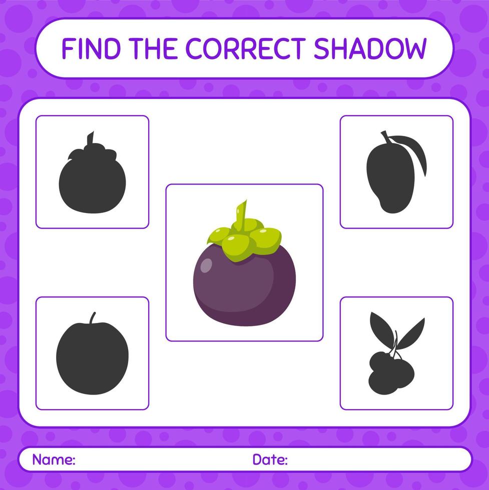 Find the correct shadows game with mangosteen. worksheet for preschool kids, kids activity sheet vector