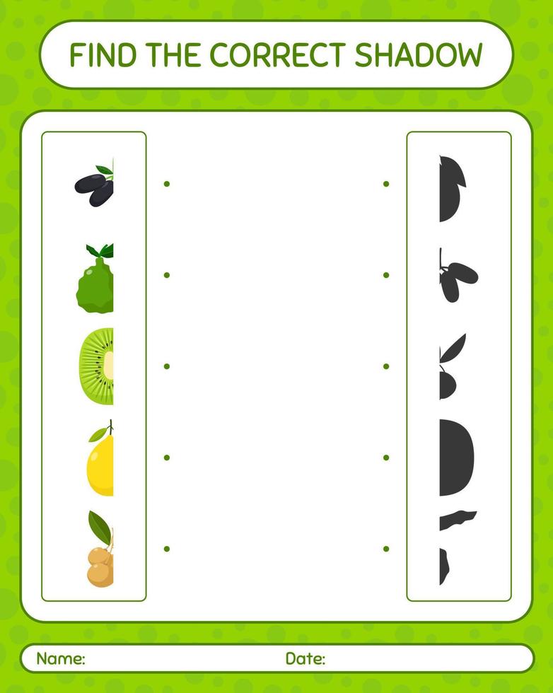 Find the correct shadows game with fruits. worksheet for preschool kids, kids activity sheet vector