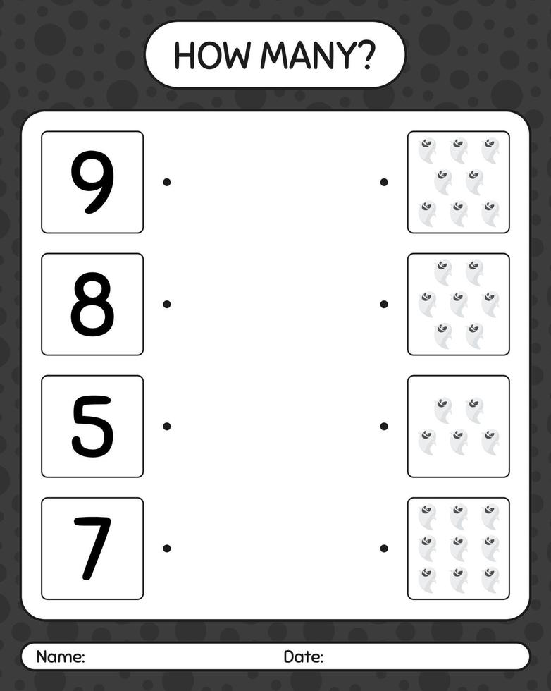 How many counting game with ghost. worksheet for preschool kids, kids activity sheet vector