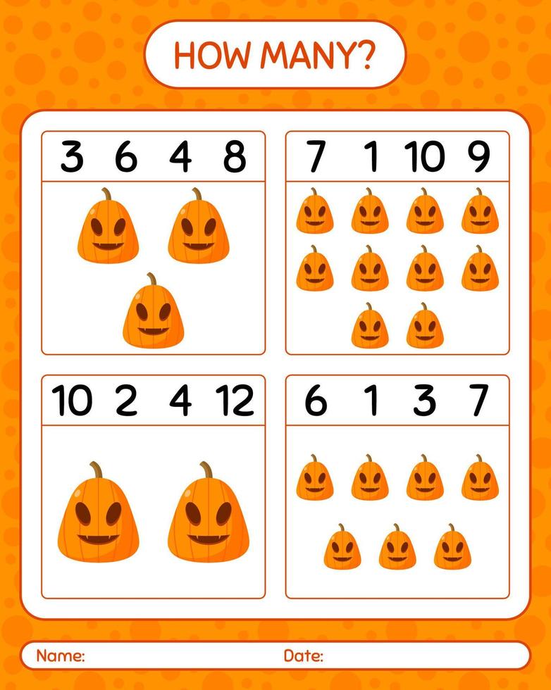 How many counting game with jack o' lantern. worksheet for preschool kids, kids activity sheet vector