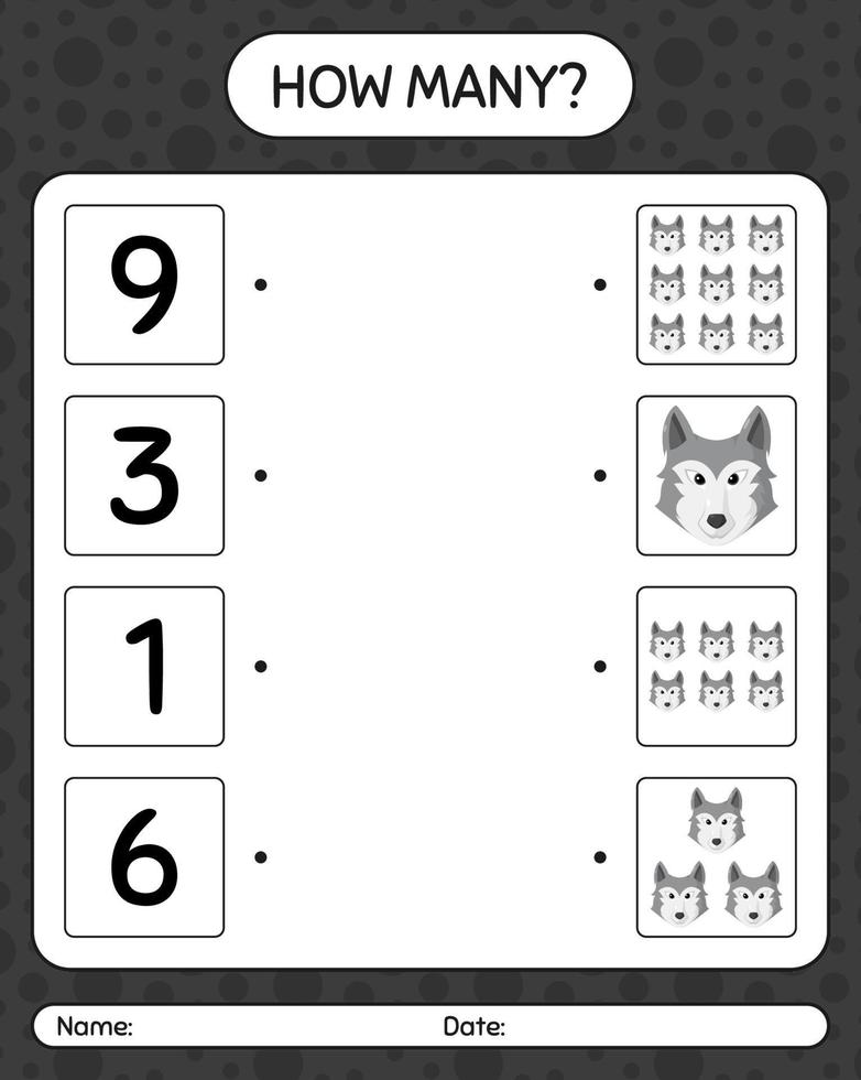 How many counting game with wolf. worksheet for preschool kids, kids activity sheet vector
