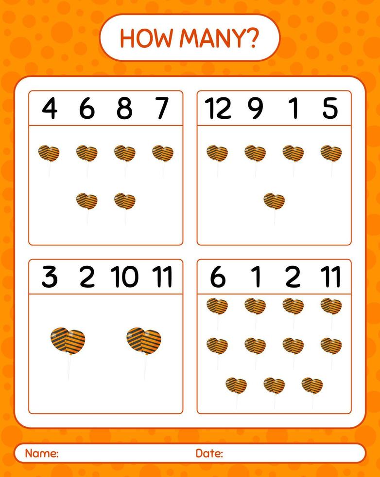 How many counting game with balloon. worksheet for preschool kids, kids activity sheet vector