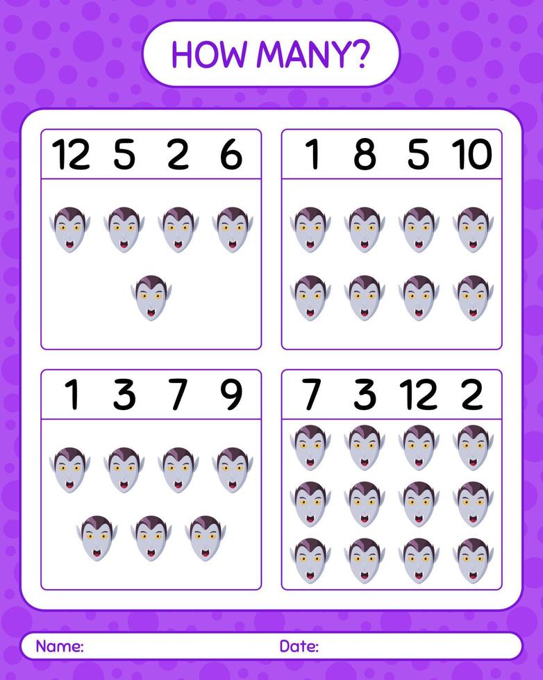 How many counting game with vampire. worksheet for preschool kids, kids activity sheet vector