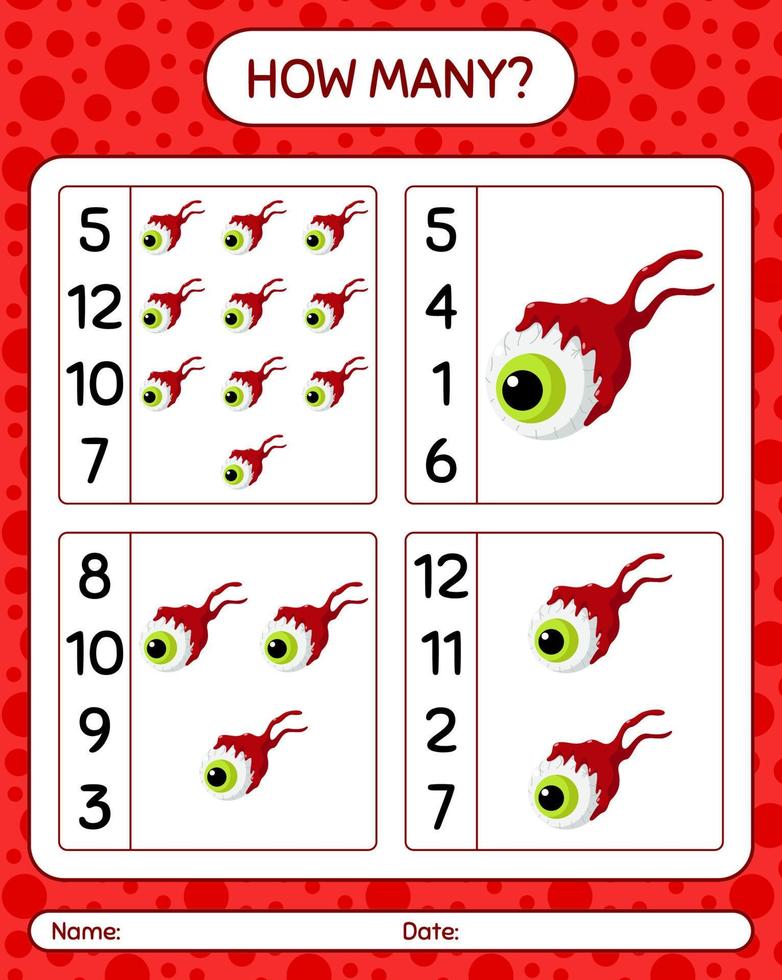 How many counting game with eyeball. worksheet for preschool kids, kids activity sheet vector