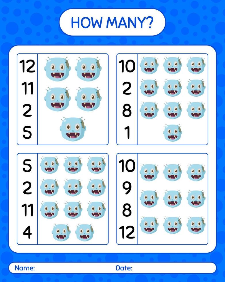 How many counting game with zombie. worksheet for preschool kids, kids activity sheet vector