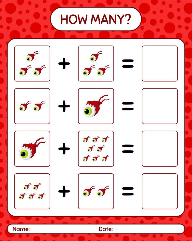 How many counting game with eyeball. worksheet for preschool kids, kids activity sheet vector
