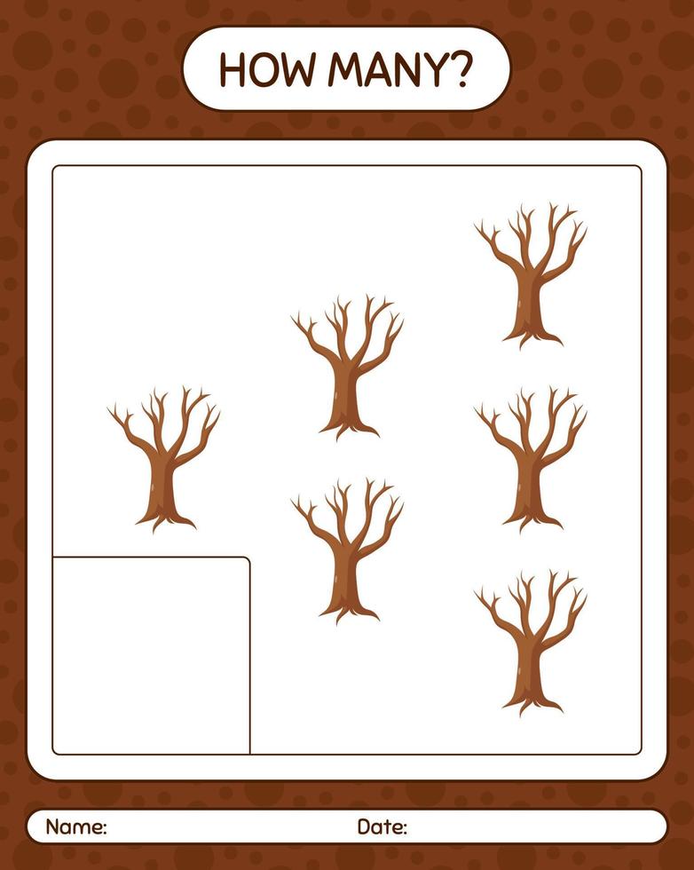 How many counting game with tree. worksheet for preschool kids, kids activity sheet vector