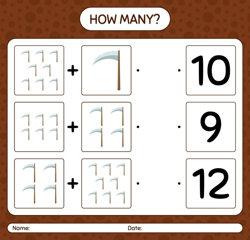 How many counting game with scythe. worksheet for preschool kids, kids activity sheet vector