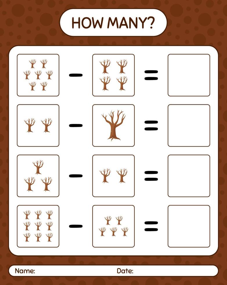 How many counting game with tree. worksheet for preschool kids, kids activity sheet vector