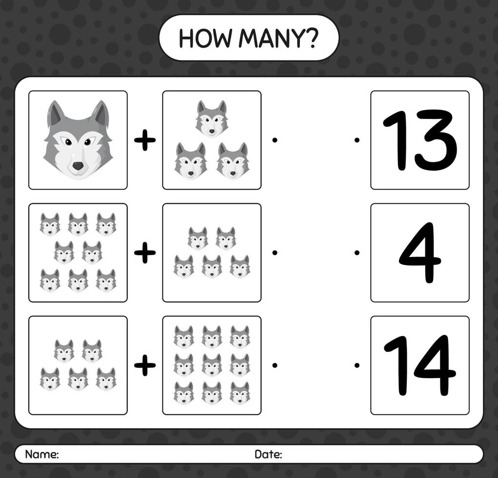 How many counting game with wolf. worksheet for preschool kids, kids activity sheet vector