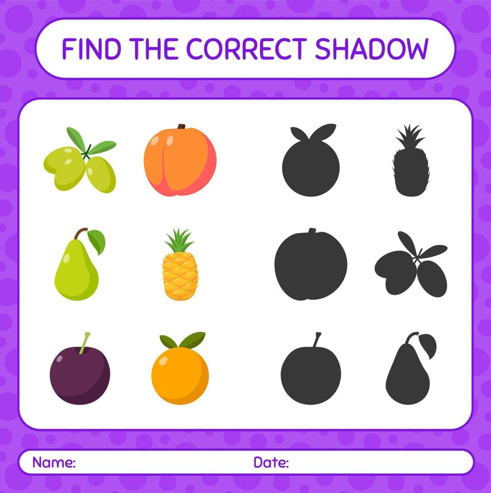 encuentra el juego de sombras correcto con frutas. hoja de trabajo para niños en edad preescolar, hoja de actividades para niños vector