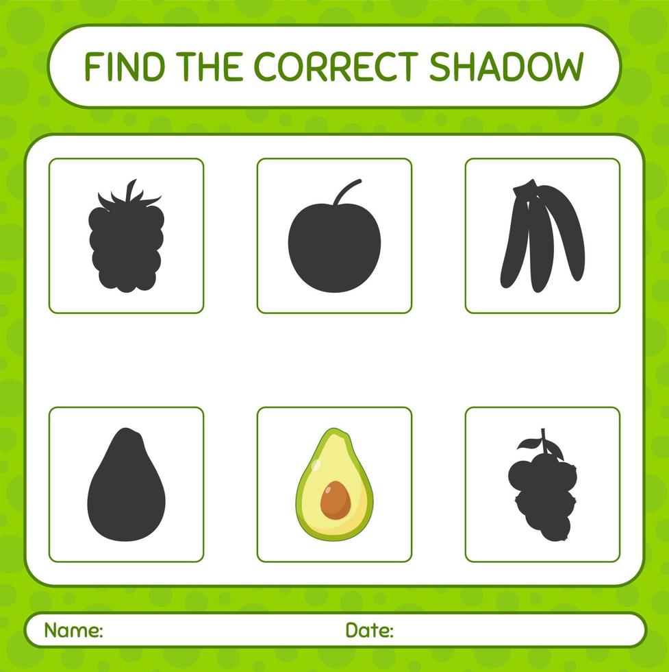 Find the correct shadows game with avocado. worksheet for preschool kids, kids activity sheet vector