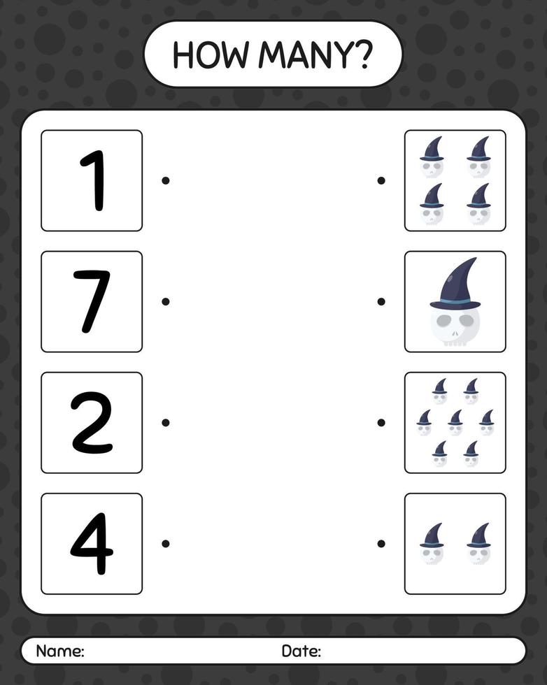 How many counting game with skull. worksheet for preschool kids, kids activity sheet vector