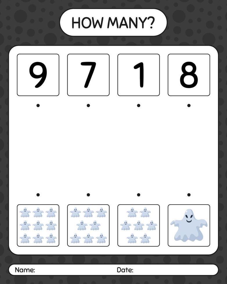 How many counting game with ghost. worksheet for preschool kids, kids activity sheet vector