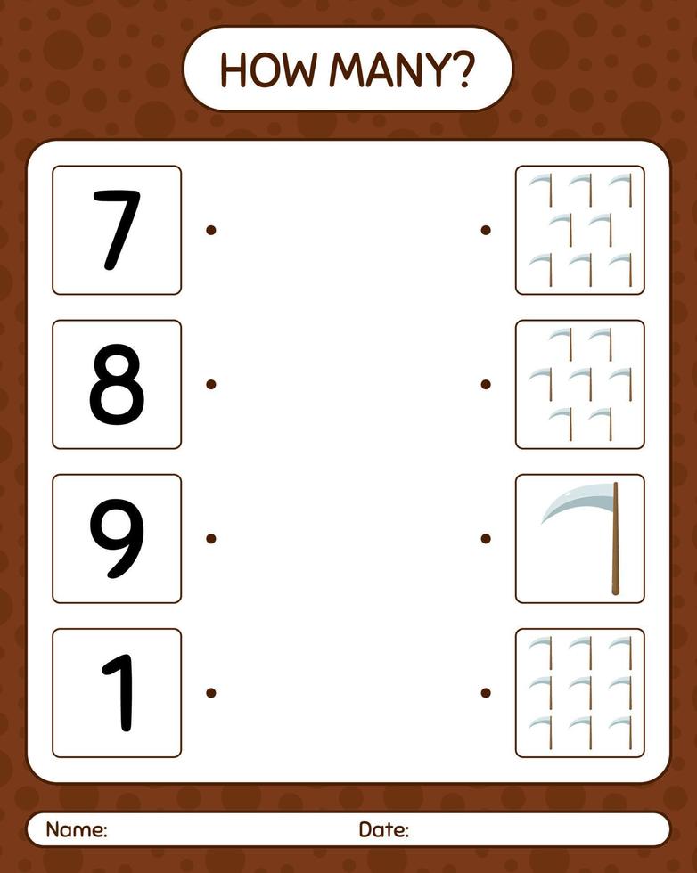 How many counting game with scythe. worksheet for preschool kids, kids activity sheet vector