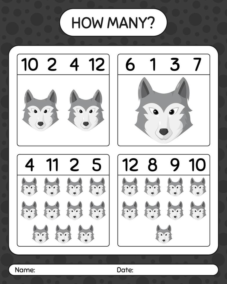 How many counting game with wolf. worksheet for preschool kids, kids activity sheet vector