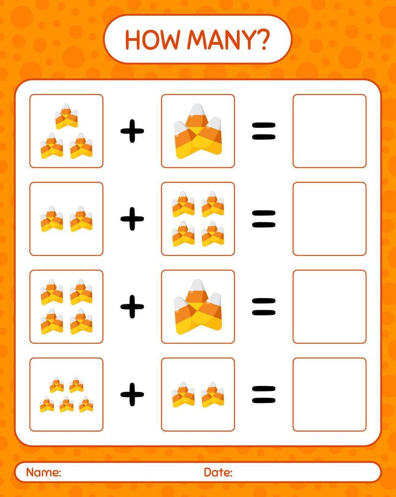 How many counting game with candy corn. worksheet for preschool kids, kids activity sheet vector