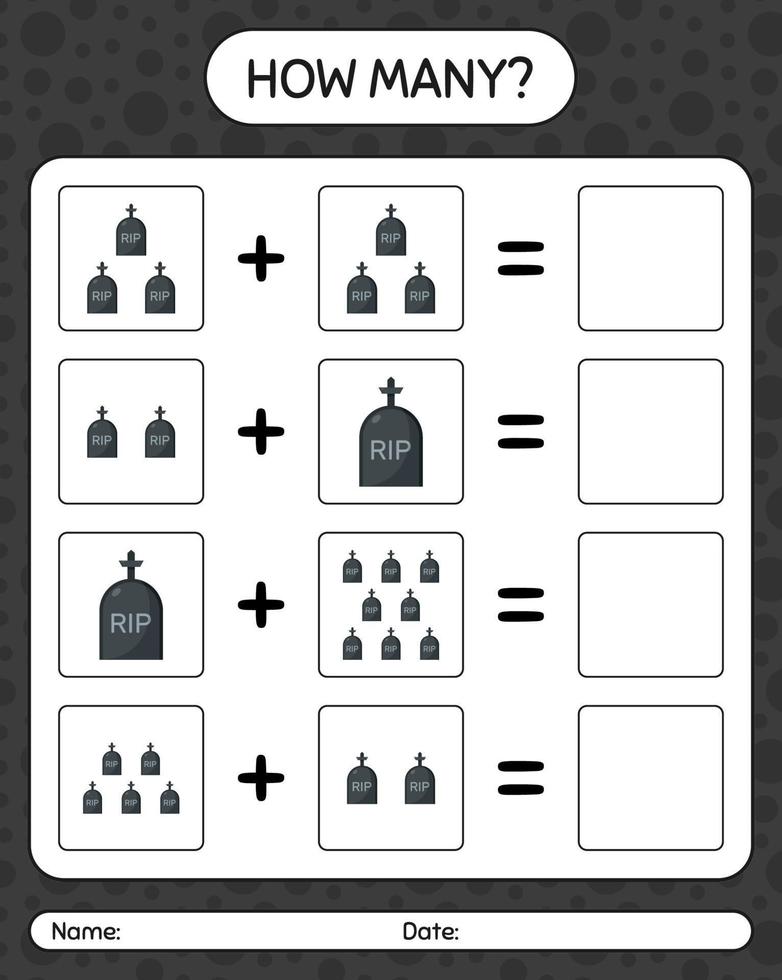 How many counting game with tombstone. worksheet for preschool kids, kids activity sheet vector
