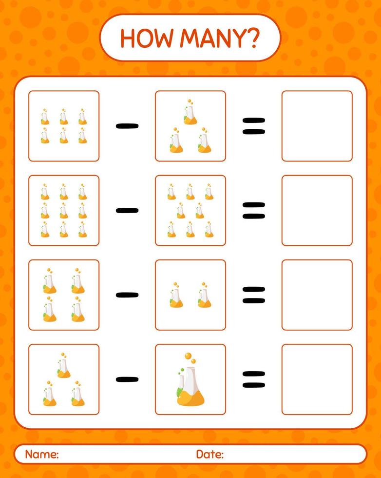 How many counting game with chemistry tube. worksheet for preschool kids, kids activity sheet vector