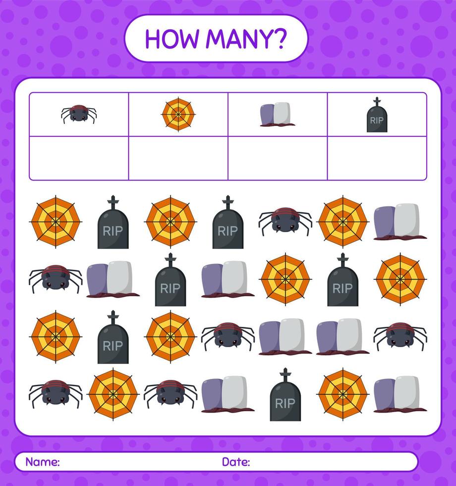 How many counting game with halloween icon. worksheet for preschool kids, kids activity sheet vector