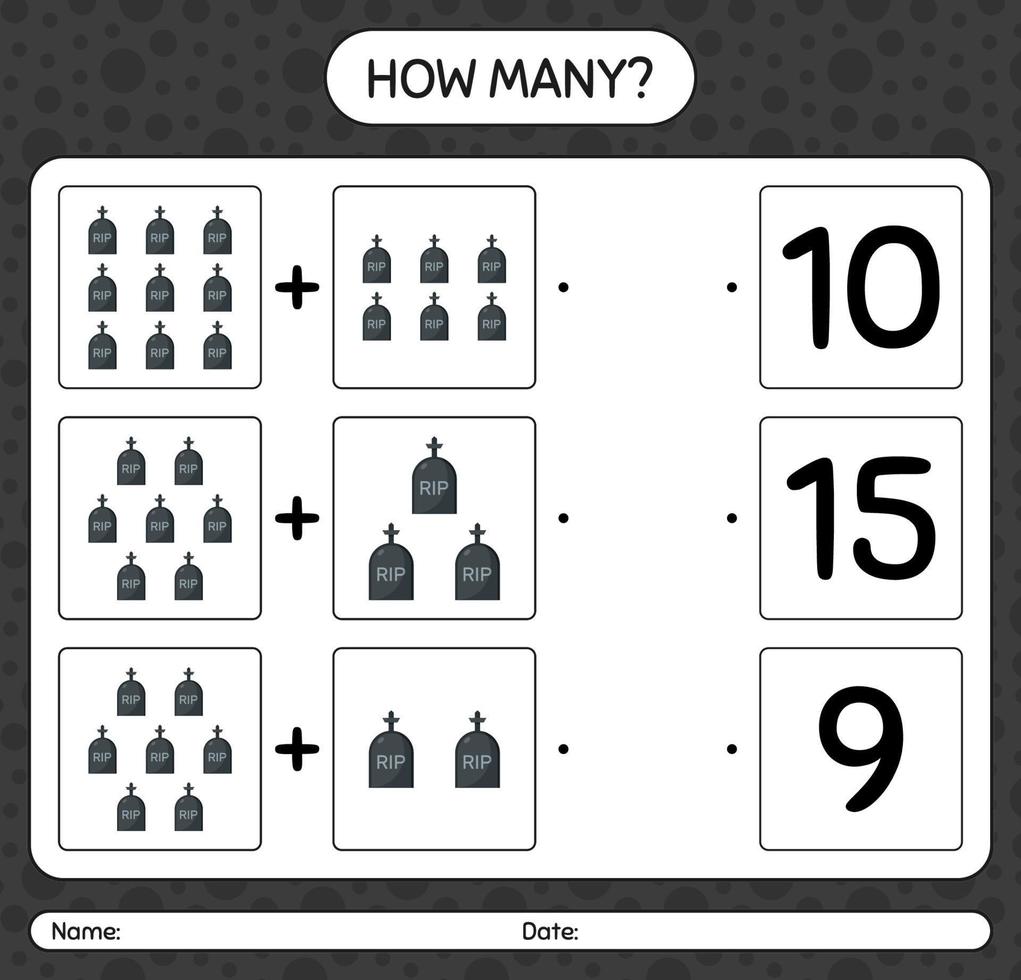How many counting game with tombstone. worksheet for preschool kids, kids activity sheet vector