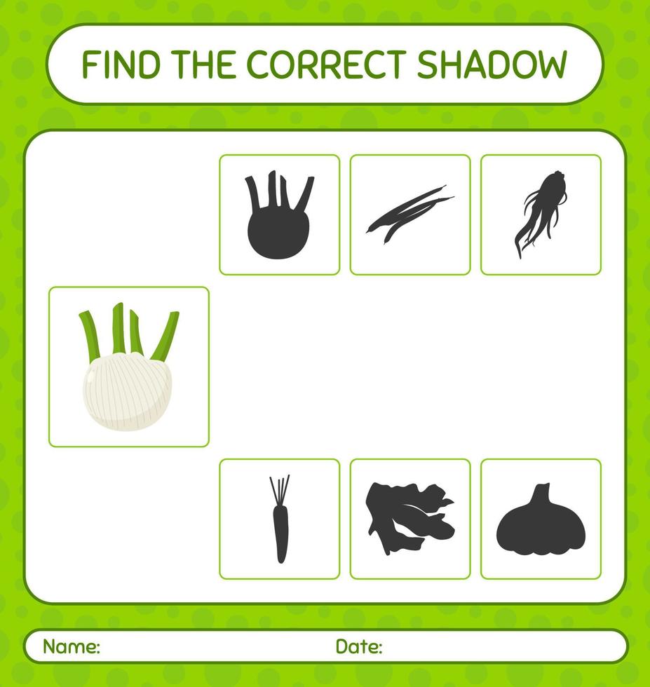 encuentra el juego de sombras correcto con hinojo. hoja de trabajo para niños en edad preescolar, hoja de actividades para niños vector