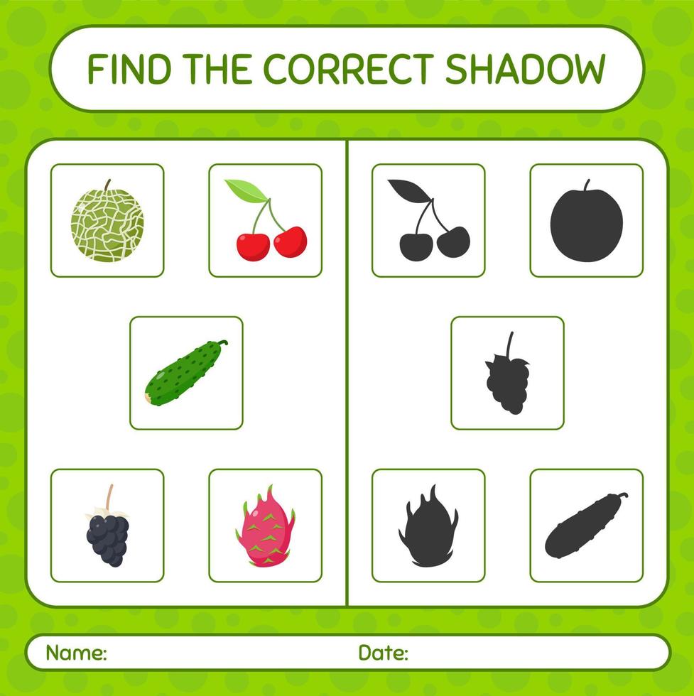 Find the correct shadows game with fruits. worksheet for preschool kids, kids activity sheet vector