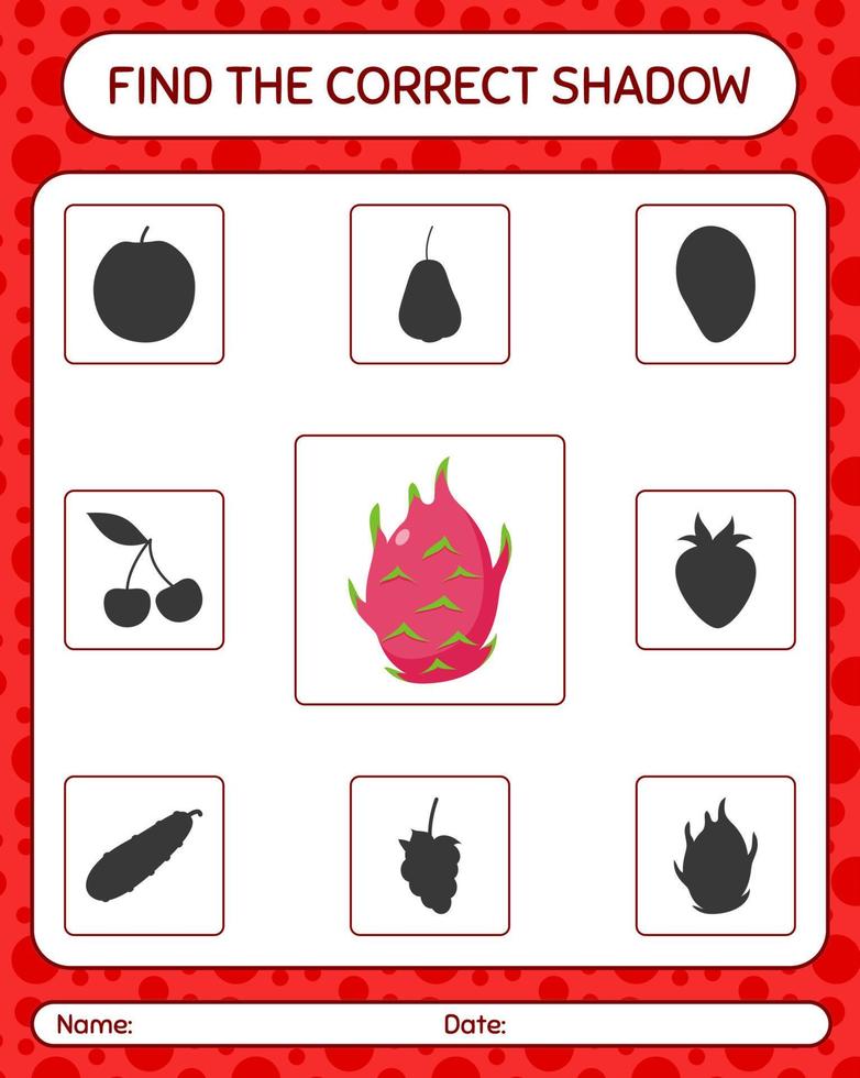 Find the correct shadows game with dragonfruit. worksheet for preschool kids, kids activity sheet vector