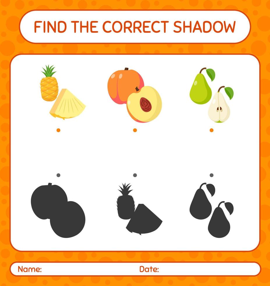 Find the correct shadows game with fruits. worksheet for preschool kids, kids activity sheet vector