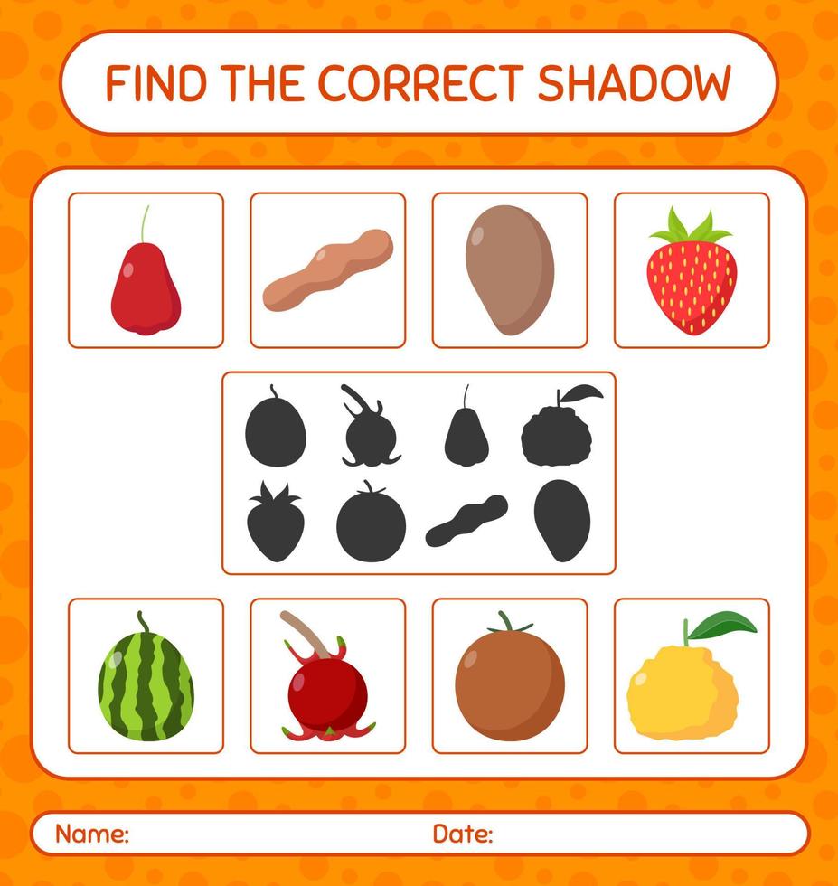 encuentra el juego de sombras correcto con frutas. hoja de trabajo para niños en edad preescolar, hoja de actividades para niños vector