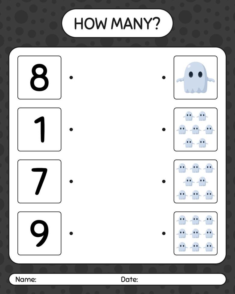 How many counting game with ghost. worksheet for preschool kids, kids activity sheet vector