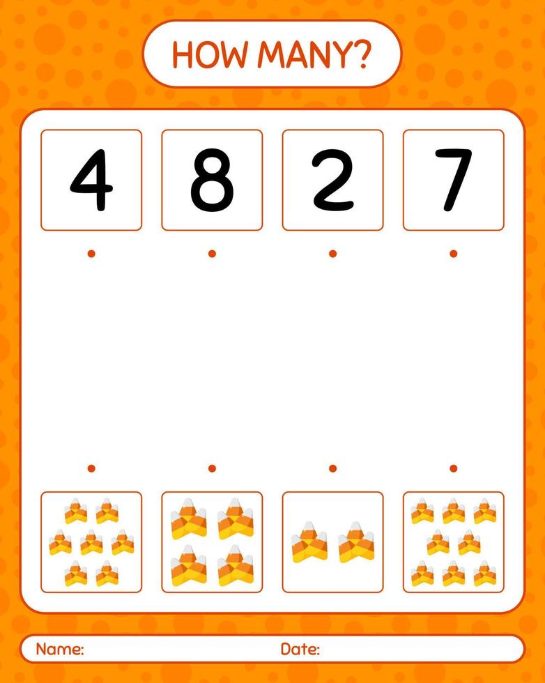 How many counting game with candy corn. worksheet for preschool kids, kids activity sheet vector