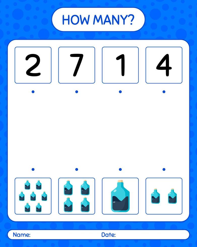 How many counting game with chemistry tube. worksheet for preschool kids, kids activity sheet vector