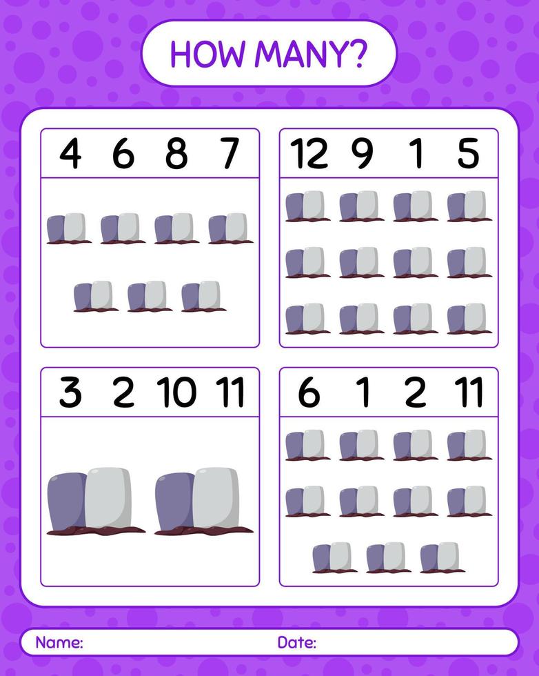 How many counting game with tombstone. worksheet for preschool kids, kids activity sheet vector