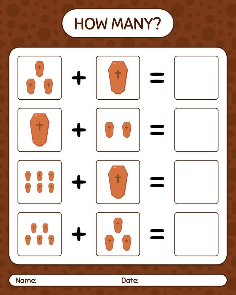 How many counting game with coffin. worksheet for preschool kids, kids activity sheet vector