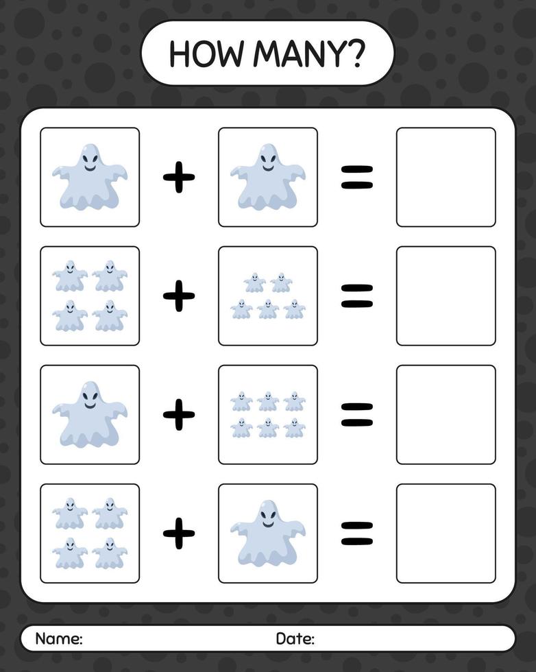 How many counting game with ghost. worksheet for preschool kids, kids activity sheet vector