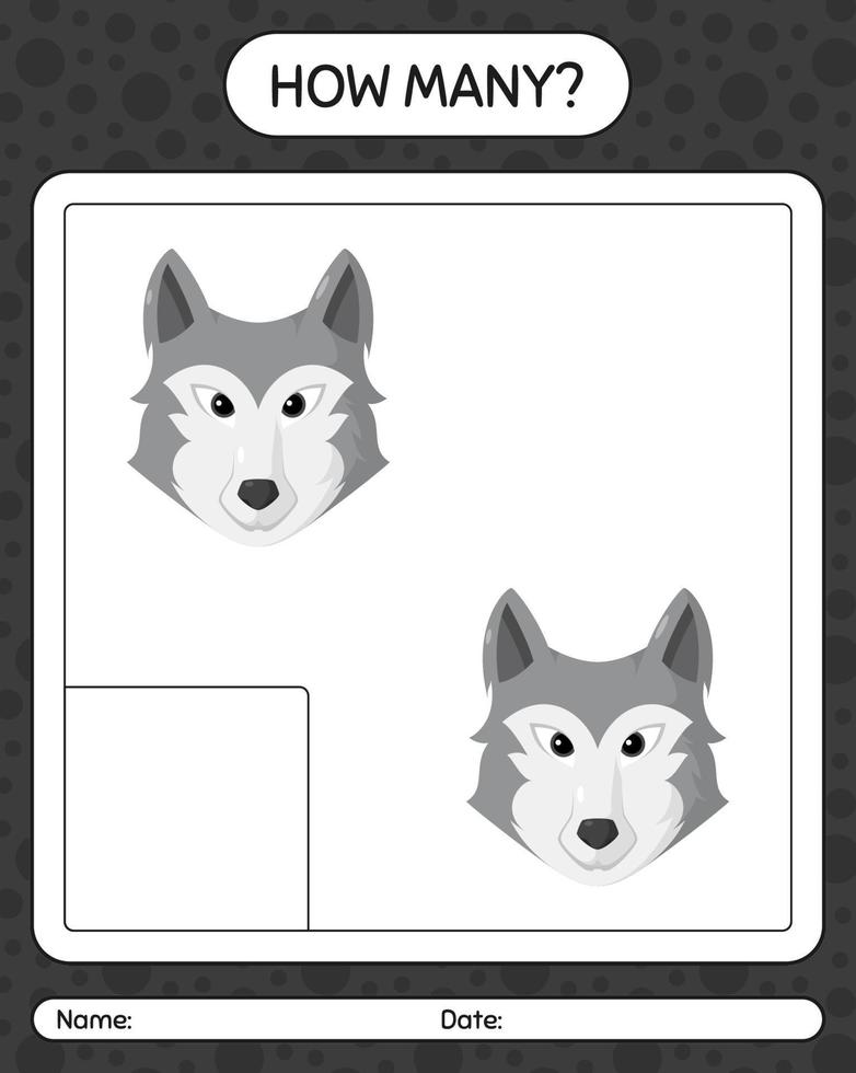 How many counting game with wolf. worksheet for preschool kids, kids activity sheet vector