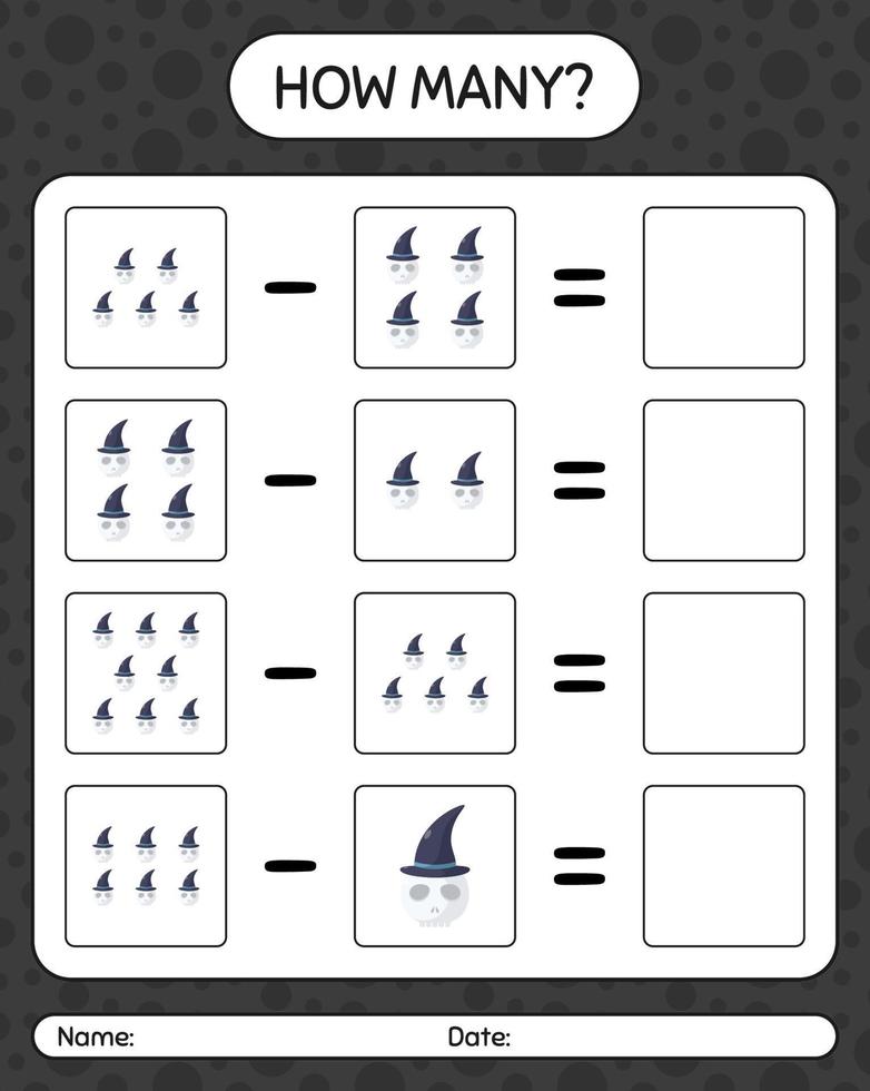 How many counting game with skull. worksheet for preschool kids, kids activity sheet vector