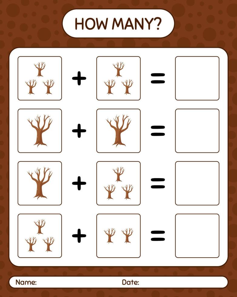 How many counting game with tree. worksheet for preschool kids, kids activity sheet vector