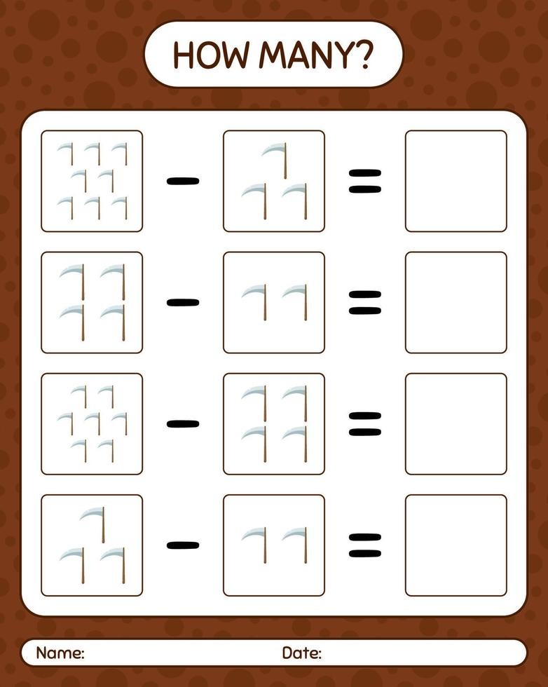 How many counting game with scythe. worksheet for preschool kids, kids activity sheet vector