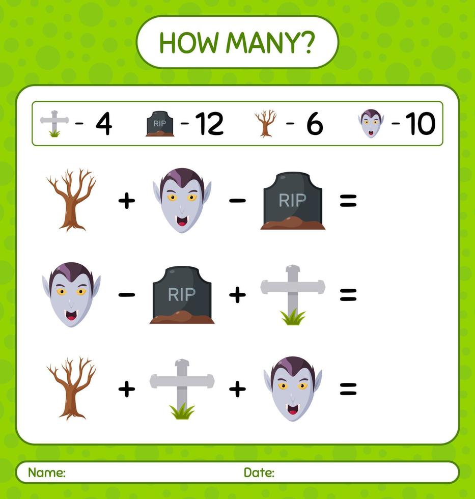 How many counting game with halloween icon. worksheet for preschool kids, kids activity sheet vector