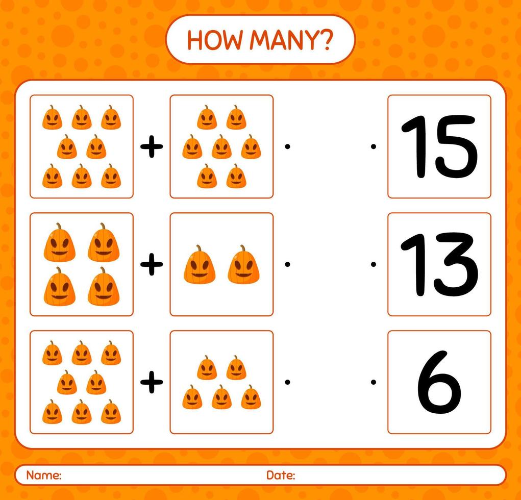How many counting game with jack o' lantern. worksheet for preschool kids, kids activity sheet vector