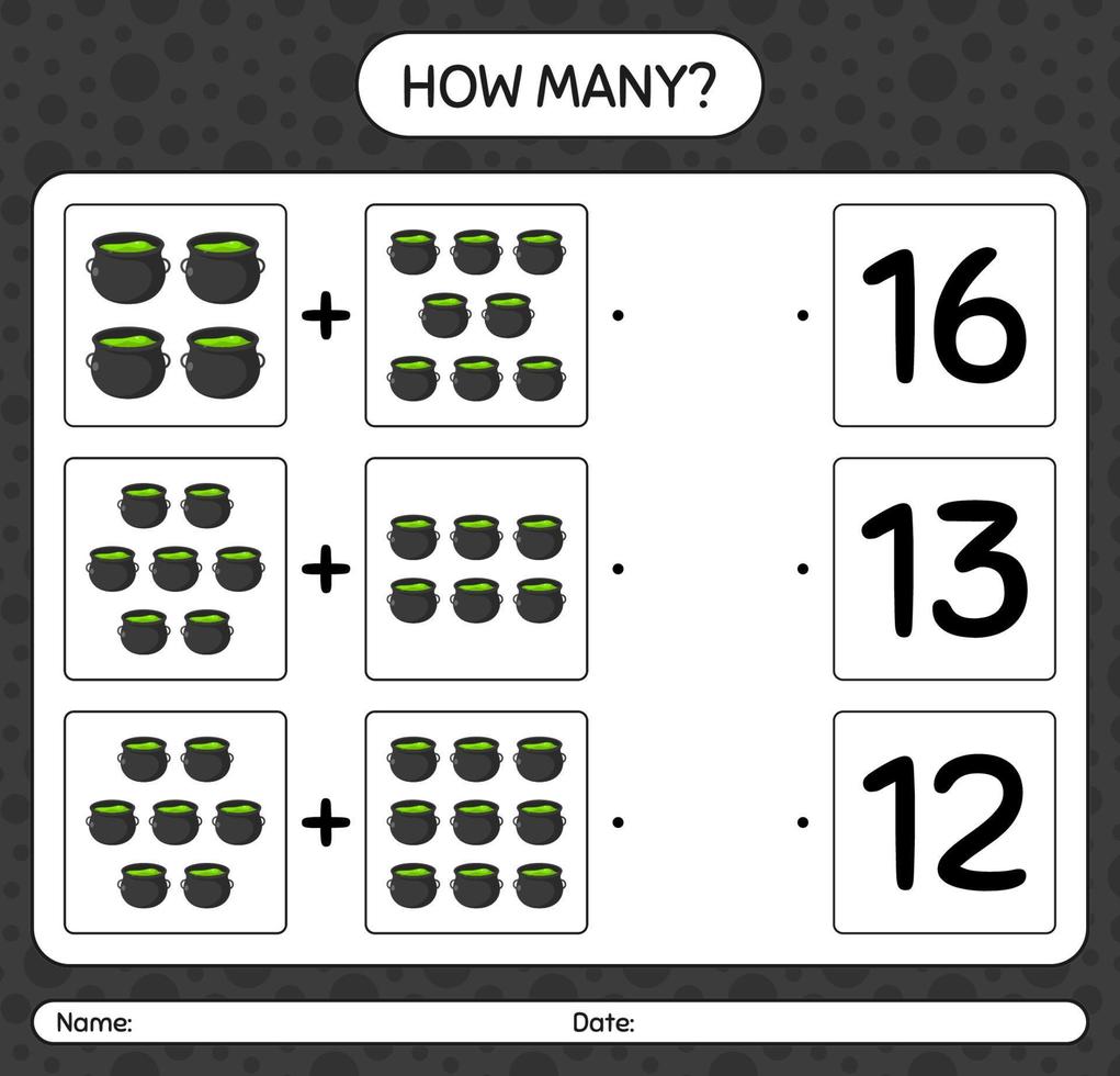 How many counting game with cauldron. worksheet for preschool kids, kids activity sheet vector