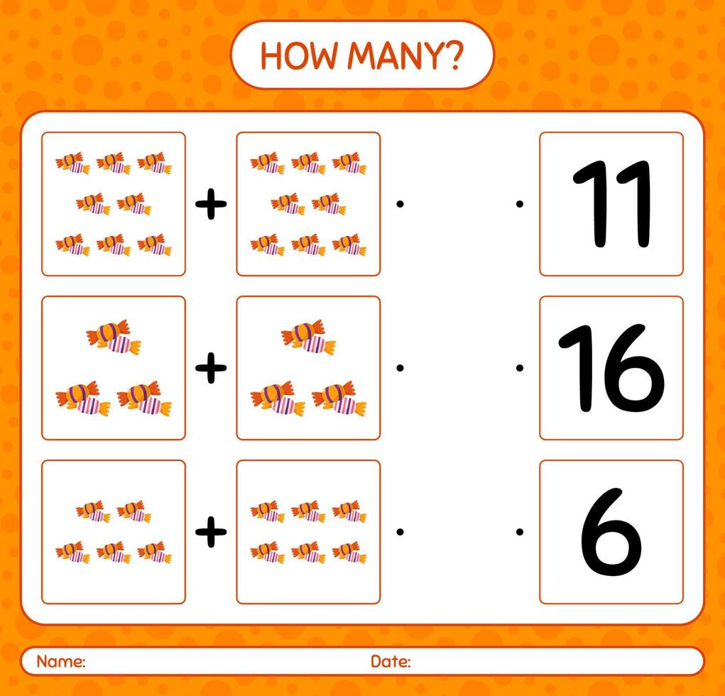 How many counting game with candy. worksheet for preschool kids, kids activity sheet vector